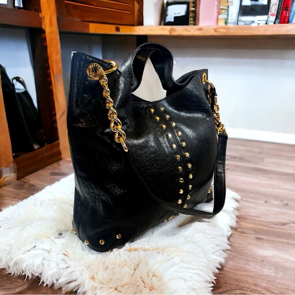 Michael Kors Vintage Black Leather With Gold Studs and Chain Crossbody EVC - Picture 4 of 15